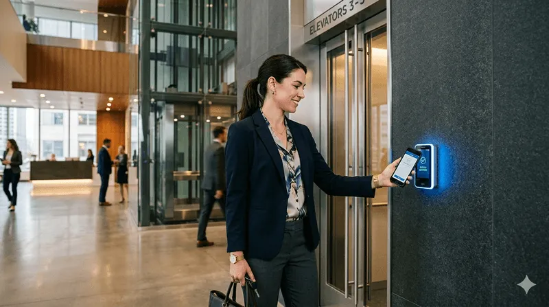 Tenant unlocking lobby elevators with a phone credential