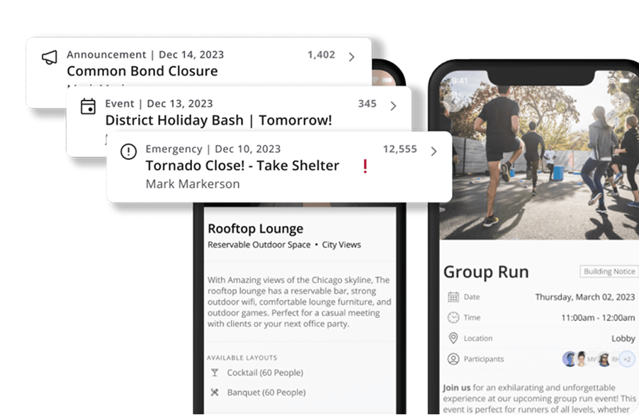 Smart Experience mobile app showing building announcements, amenity booking, and event details