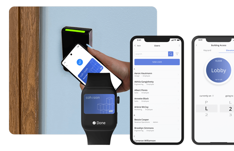 Mobile credential tapping a door reader next to the Smart Access user list and elevator call screens