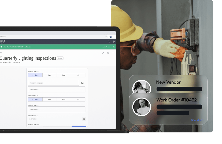 Field technician servicing an electrical panel next to a Smart Maintenance work order inspection screen